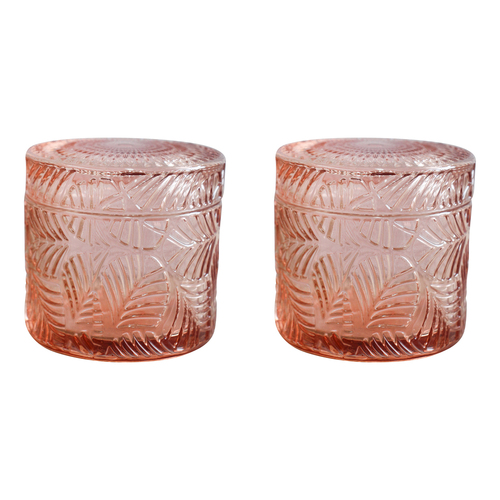 2PK LVD Leaves Oasis Glass 9cm Trinket Storage w/ Lid Round - Pink