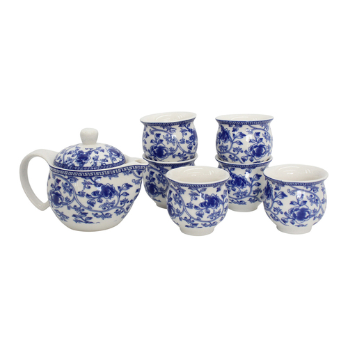 LVD 7pc Floral Ceramic 16cm Teapot/7cm Cup Tea Set - Blue