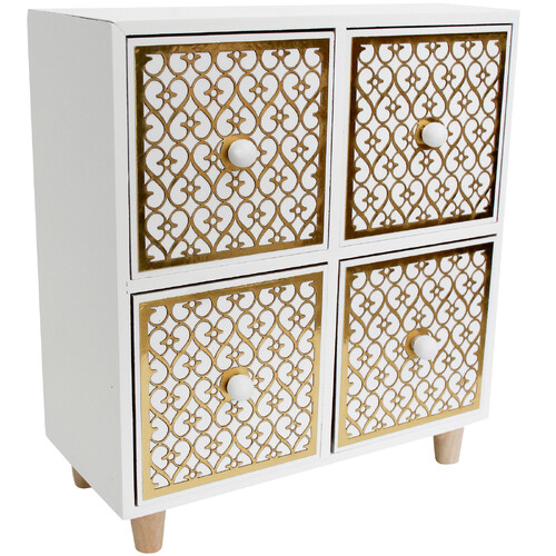 LVD MDF 24cm Square 4-Drawer w/ Stand Organiser Storage - White/Gold