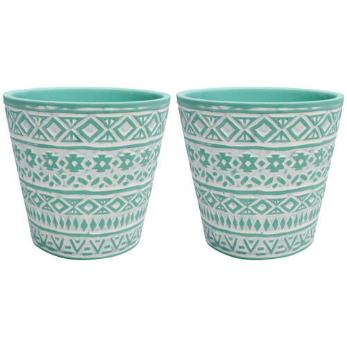 2PK LVD Terracotta Ceramic Decorative Planter Pot Tribal 1 13x12cm Mint
