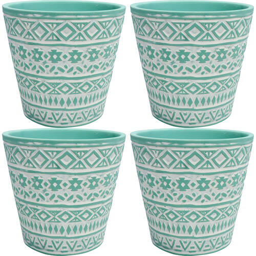 4PK LVD Terracotta Ceramic Decorative Planter Pot Tribal 1 13x12cm Mint