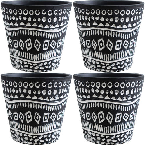 4PK LVD Ceramic Decorative Planter Pot Tribal Print 13x12cm Black/White