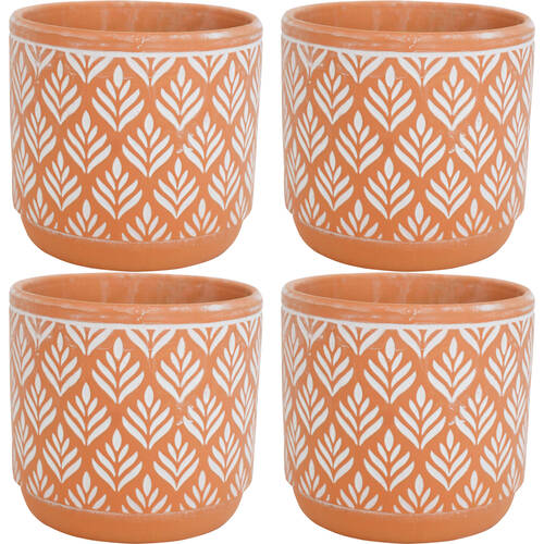4PK LVD Terracotta Ceramic Decorative Planter Pot Leaf Print 14x13cm Natural