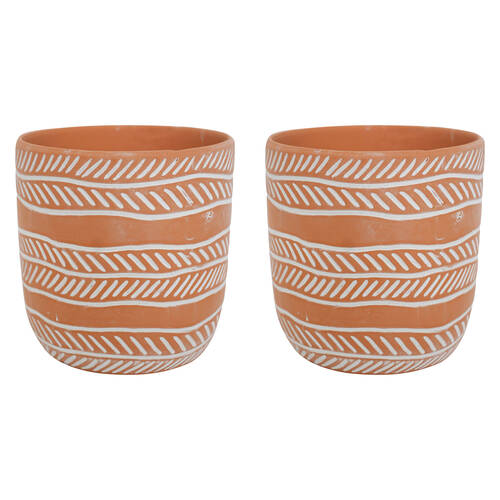 2PK LVD Terracotta Ceramic Decorative Planter Pot Rows 13.5x13cm Natural