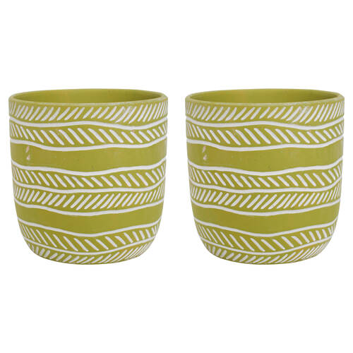 2PK LVD Terracotta Ceramic Decorative Planter Pot Rows 13.5x13cm Lime