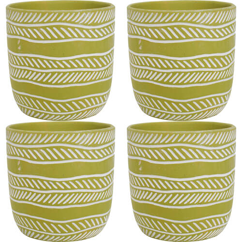 4PK LVD Terracotta Ceramic Decorative Planter Pot Rows 13.5x13cm Lime