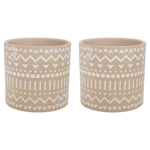 2PK LVD Terracotta Ceramic Decorative Planter Pot Tribal 13.5x12.5cm Latte