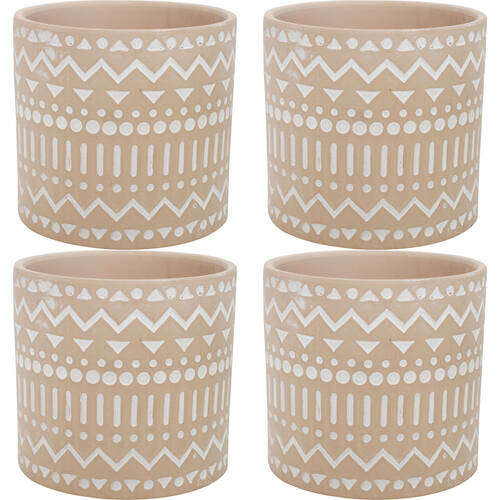 4PK LVD Terracotta Ceramic Decorative Planter Pot Tribal 13.5x12.5cm Latte