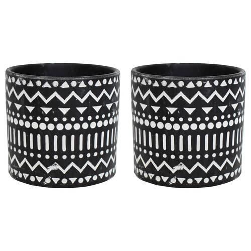 2PK LVD Terracotta Ceramic Decorative Planter Tribal 13.5x12.5cm Black/White