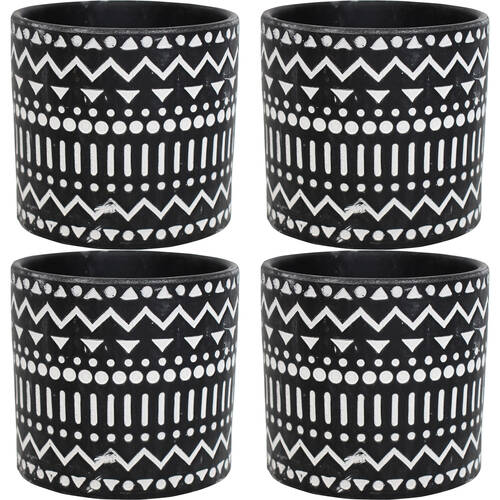 4PK LVD Terracotta Ceramic Decorative Planter Tribal 13.5x12.5cm Black/White
