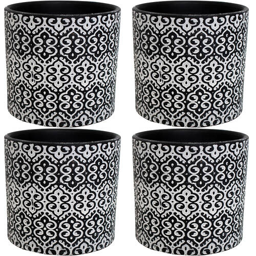 4PK LVD Terracotta Ceramic Decorative Planter Scroll 13.5x12.5cm Black/White