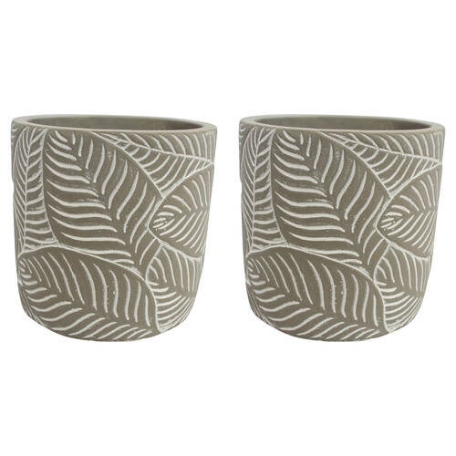 2PK LVD Terracotta Ceramic Decorative Planter Pot Leaf Wrap 14x14cm Grey
