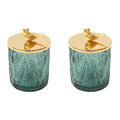 2PK LVD Glass Trinket Box Storage Decor Round 13cm - Bird Jungle