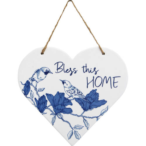 LVD Ceramic Heart Bless Home Hanging Decorative Sign 22x19.5cm Blue/White