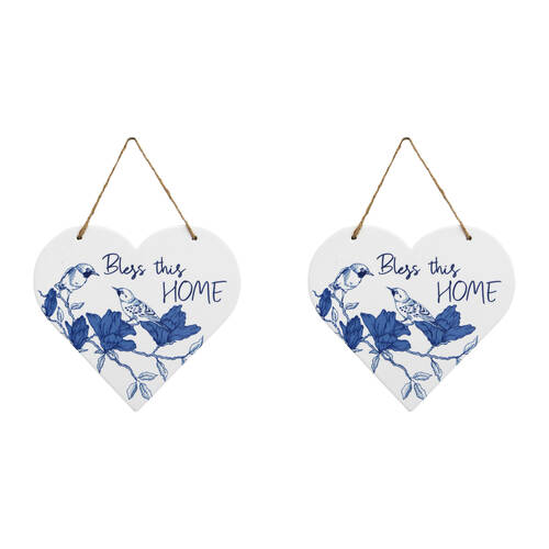 2PK LVD Ceramic Heart Bless Home Hanging Decorative Sign 22x19.5cm Blue/White