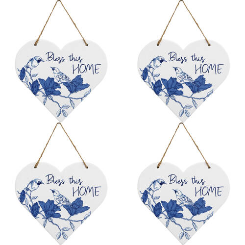 4PK LVD Ceramic Heart Bless Home Hanging Decorative Sign 22x19.5cm Blue/White