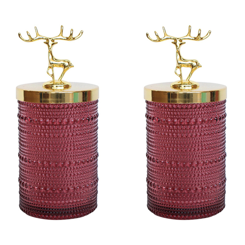 2PK LVD Glass Reindeer Trinket Box Storage Decor 18cm - Ruby