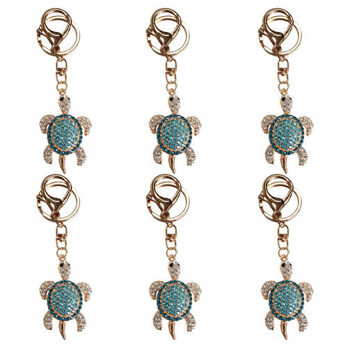 6PK LVD Metal Bedazzled Turtle Keyring Handbag Accessory 5x4cm Sky Blue