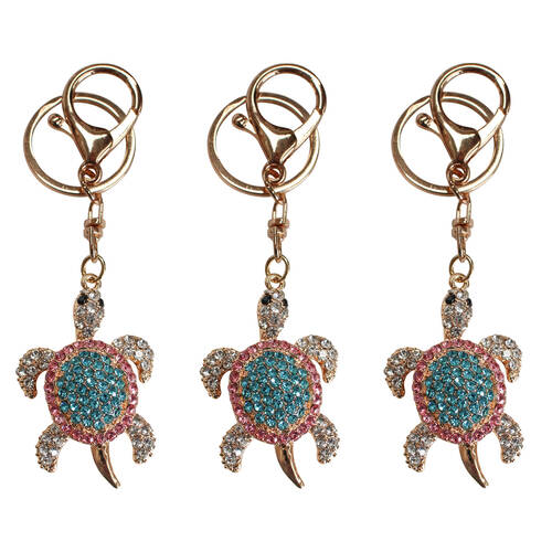 3PK LVD Metal Bedazzled Turtle Keyring Handbag Accessory 5x4cm Blush Pink