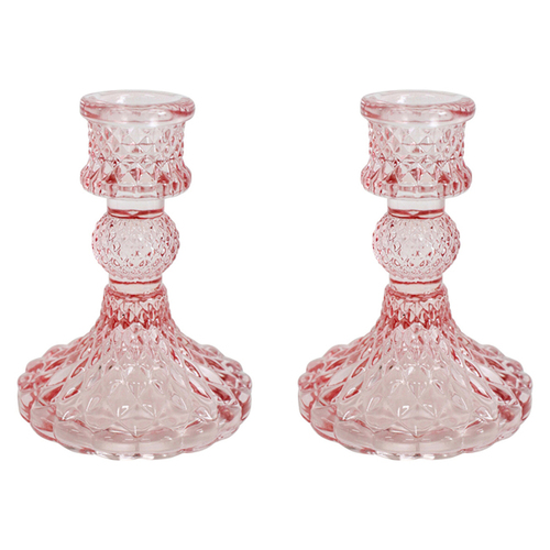 2PK LVD Glass 10cm Small Taper Stick Candle Holder - Rhubarb