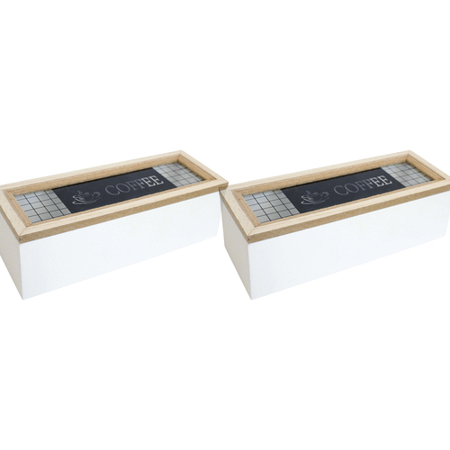 2PK LVD MDF/Glass 24cm Coffee Box Home/Kitchen Organiser Small - White/Natural