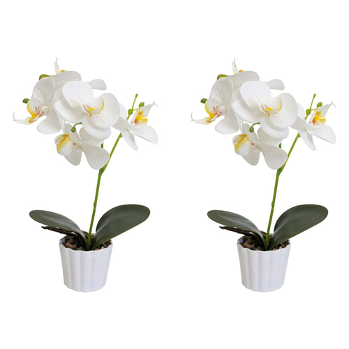 2PK LVD Faux Orchid Artificial Flower w/ Pot Small - White