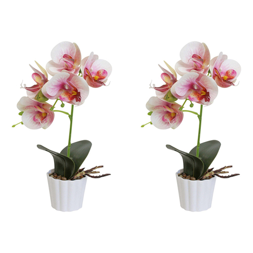 2PK LVD Faux Orchid Artificial Flower w/ Pot Small - Pink