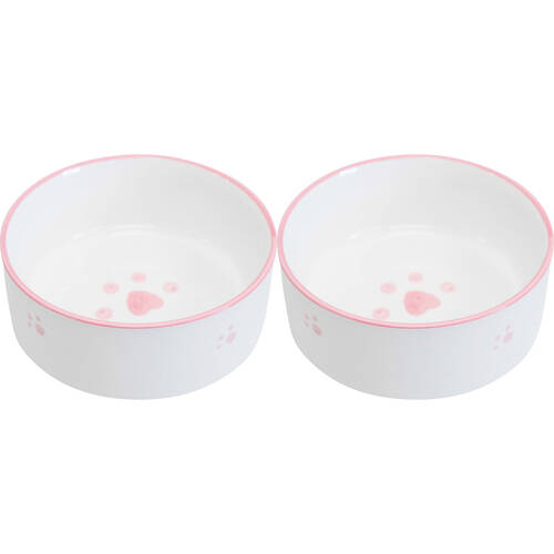 2PK LVD Ceramic Small/Medium Pet Drinking/Feeding Bowl 13x5cm Pink Paws
