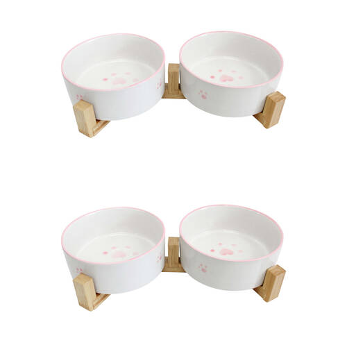 2PK LVD Ceramic/Wood Double Pet Feeding & Drinking Bowl 13x5cm Pink Paws