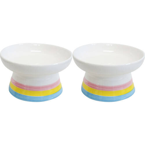 2PK LVD Ceramic Stripes Raised Pet Feeding Bowl 8.5x15cm Multicoloured