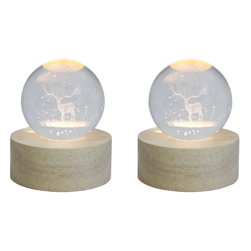 2PK LVD Glass/Wood 7cm Deer Led Ball Kids Bedroom Decorative Night Light Lamp