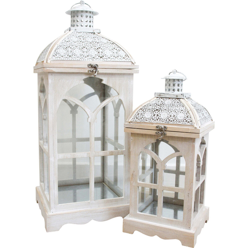 2pc LVD Lanterns Arabesque MDF/Glass/Metal Candle Holder w/ Handle Set