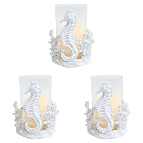 3PK LVD Resin/Glass 16cm Pillar Candle Holder Seahorse - White