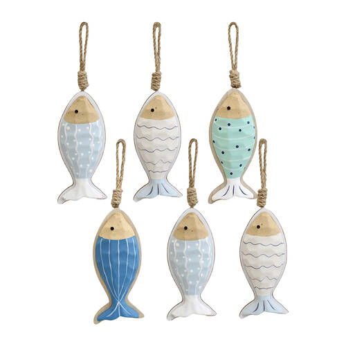 6PK LVD MDF/Cotton Hanging Fish Ornament 7x16cm - Assorted