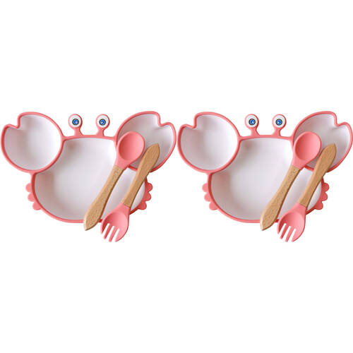 2x 3pc LVD Crab Silicone Baby Feeding Bowl and Cutlery Set 23x15cm Pink