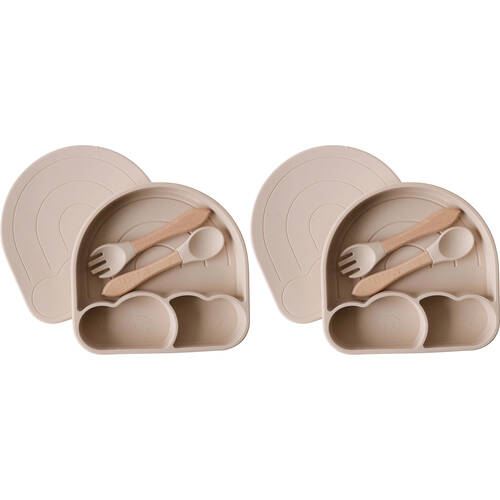 2x 3pc LVD Arch Silicone Baby Feeding Bowl and Cutlery Set 18x17.5xcm Tan Brown