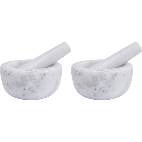2PK LVD Medium Marble Mortar & Pestle Kitchen Grinding Bowl 12x6cm Grey