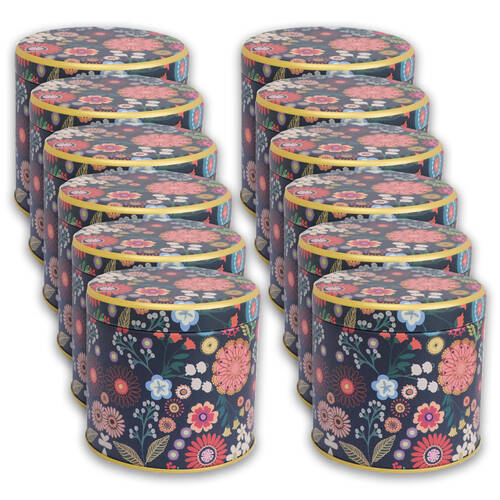 12PK LVD Small Metal Floral Print Round Trinket Storage Tin 8cm Multicoloured
