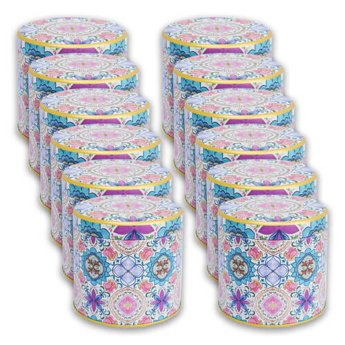 12PK LVD Small Metal Floral Print Round Trinket Storage Tin 8cm Multicoloured