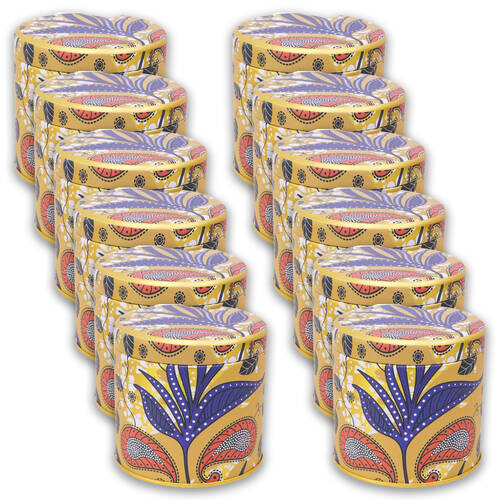 12PK LVD Small Metal Floral Print Round Trinket Storage Tin 8cm Mustard