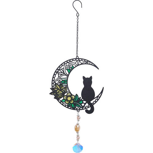 LVD Glass/Metal Cat and Moon Outdoor Hanging Suncatcher 39cm Black