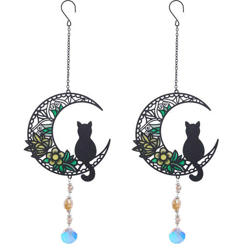 2PK LVD Glass/Metal Cat and Moon Outdoor Hanging Suncatcher 39cm Black