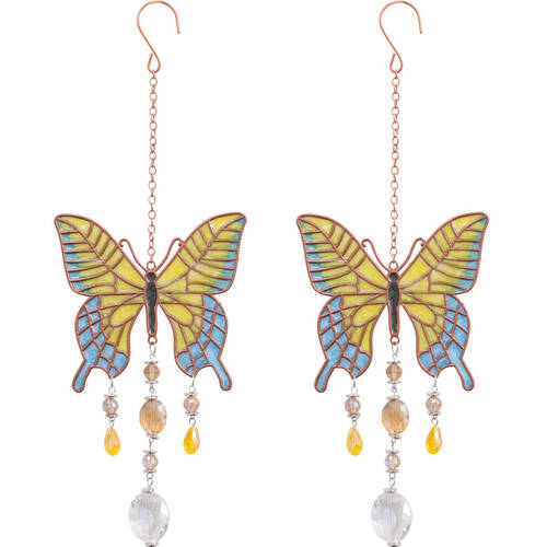 2PK LVD Glass/Metal Butterfly Outdoor Hanging Suncatcher 30cm Yellow/Blue