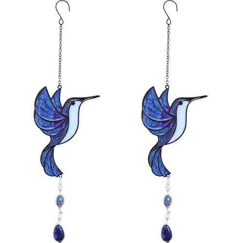 2PK LVD Glass/Metal Hummingbird Outdoor Hanging Suncatcher 41cm Marbled Blue