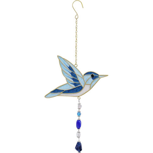 LVD Stained Glass/Metal Hummingbird Outdoor Hanging Suncatcher 36cm Blue