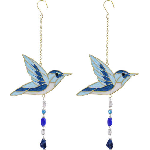 2PK LVD Stained Glass/Metal Hummingbird Outdoor Hanging Suncatcher 36cm Blue