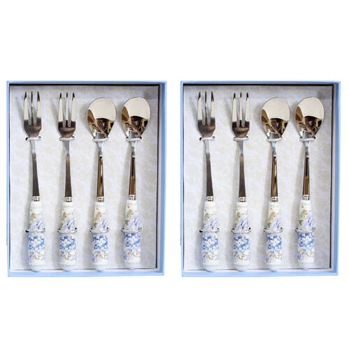 2x 4pc LVD Hydrangea Ceramic/Stainless Steel Spoon/Fork Utensil Set 15.5cm