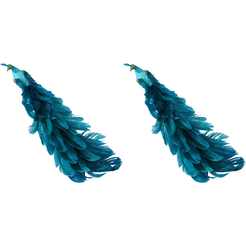 2PK LVD 60cm Plastic & Foam Clip Peacock Home Ornament Decor - Teal