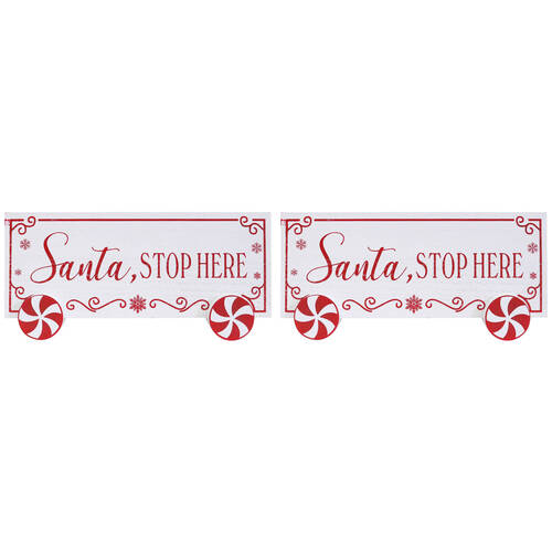 2PK LVD MDF Santa Stop Here Sign Wall Decor Rectangle 30x14cm