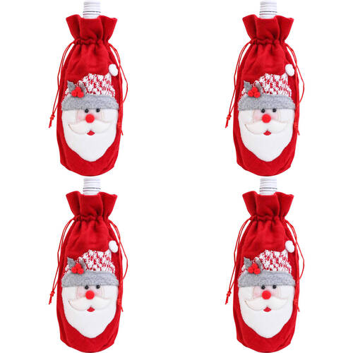 4x LVD Polyester Wine Bottle Cover Holder Santa Bag Christmas Decor 28cm Red